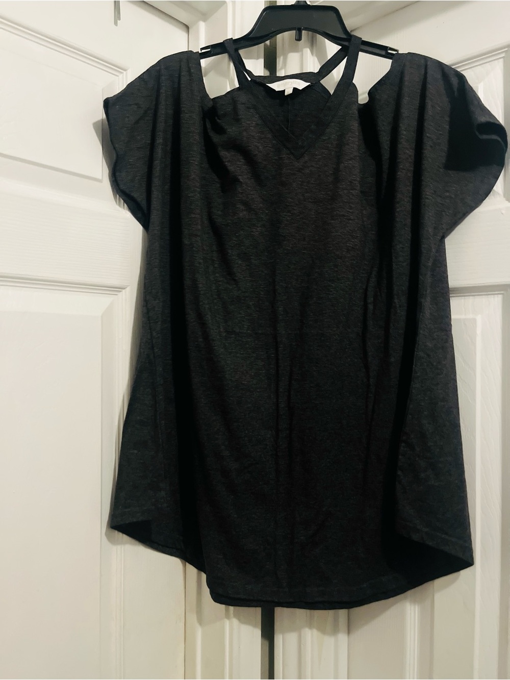 Amaryllis Black Cold-Shoulder V-Neck Tee with Strappy Detail